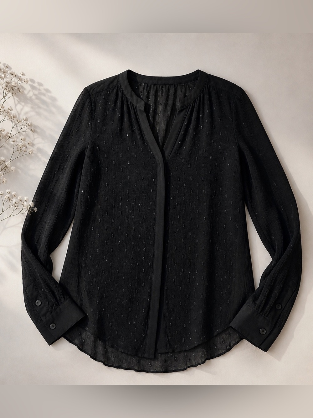 Rebecca Taylor Silk Black Sheer Metallic Dot Blouse V-Neck Long Sleeve Top